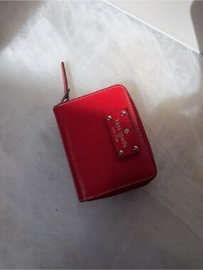 kate spade Red Leather Zip Around Card Wallet with Gold Plaque